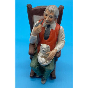 Vintage Figurine Old Man In A Chair With a Dog Smoking Pipe Country Core